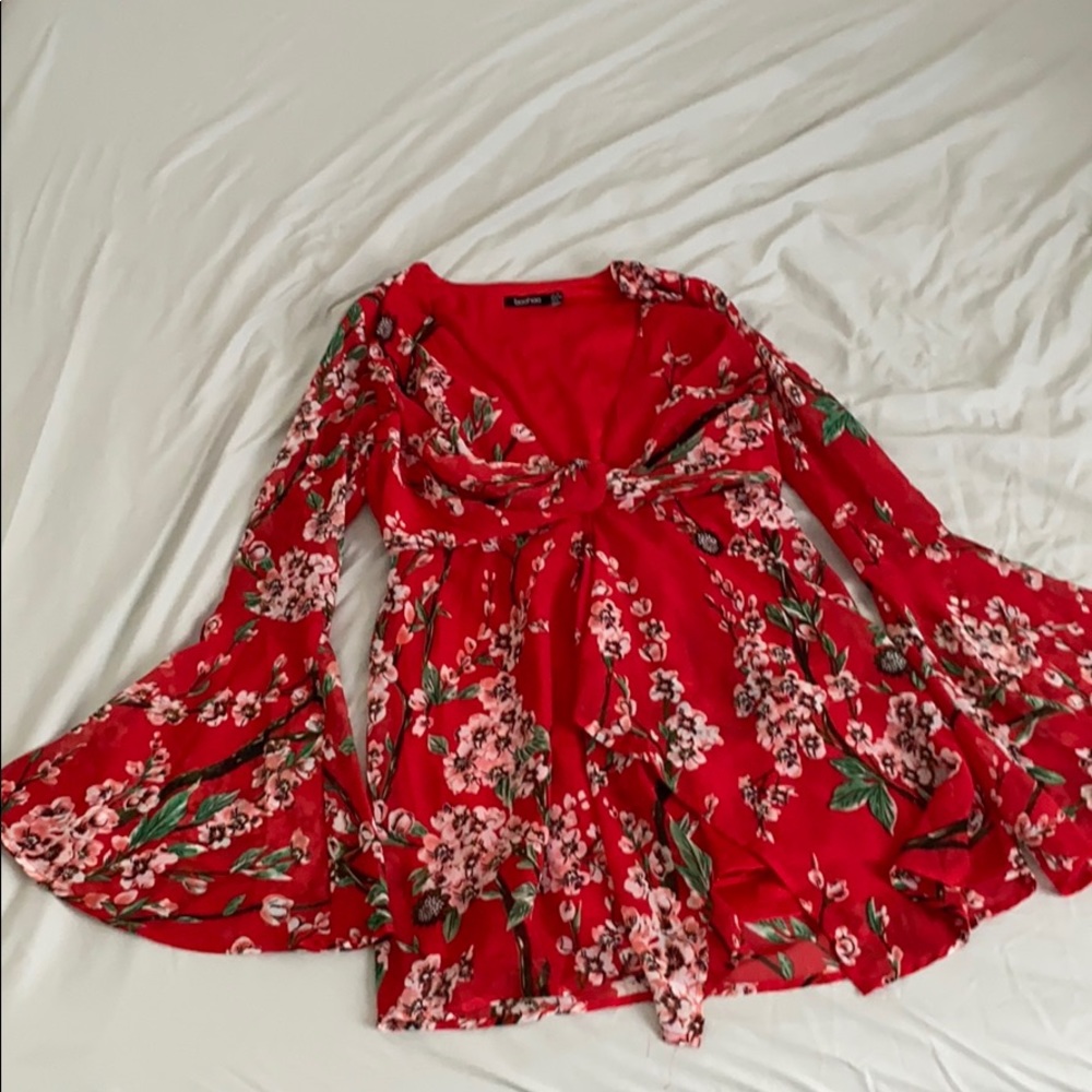 Boohoo red bell sleeve mini dress